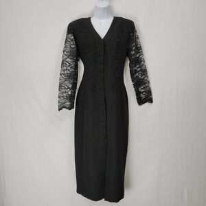 VTG Dawn Joy Fashions Women 9/10 Black Dress‎ Lace Sleeve Classic 90s Grunge